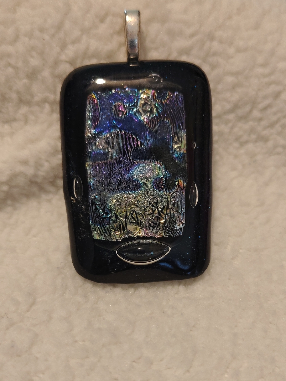 Handcrafted Black Dichroic Glass Pendant Necklace - Iridescent Accent